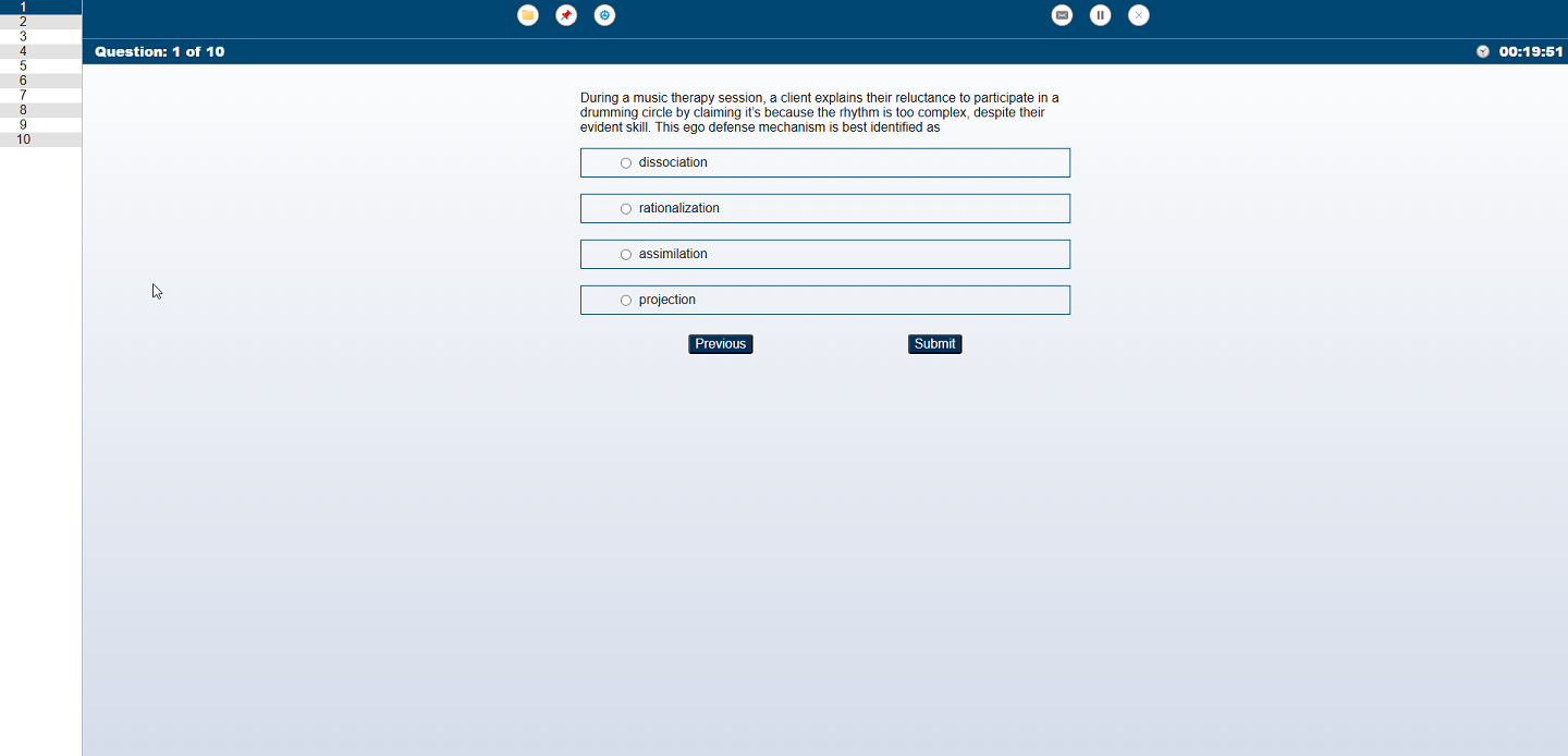 Take Exam - CBMT Music Therapy QBANK interface screenshot