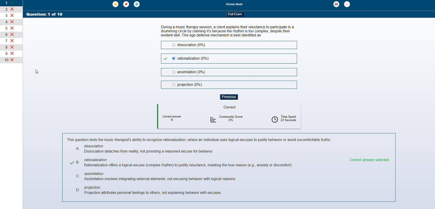 Review answers - CBMT Music Therapy QBANK interface screenshot